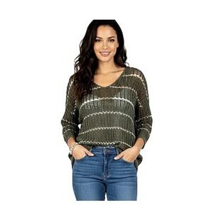 Chico's  Size-2 Green Striped Open Knit 3/4 Sleeve Pullover Sweater